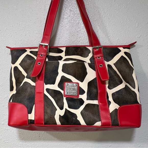 Dooney & Bourke Giraffe Print Large Purse Tote Bag Red Leather Shoulder Strap